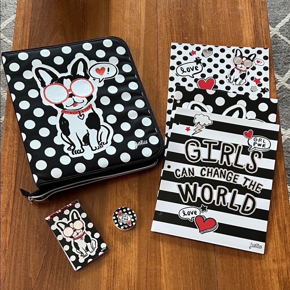 Justice Black & White Polka Dot 2” Binder with Red Accent Bulldog